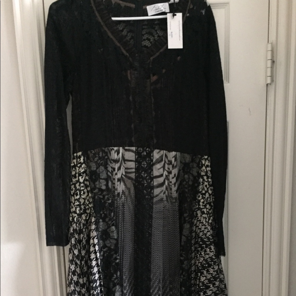 Patterned dress with black lace top